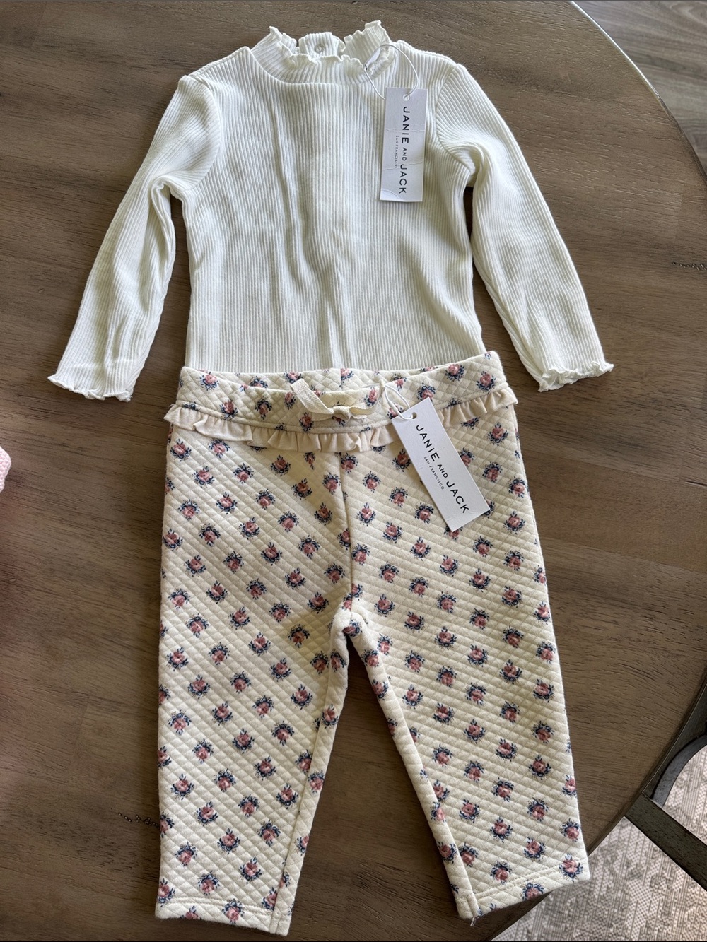 Janie and Jack Cream Ribbed Top & Floral Quilted Pants Set